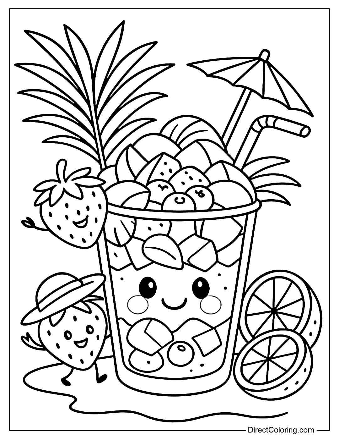 Tropical smoothie coloring page with mango, pineapple, coconut water and palm leaf decoration.